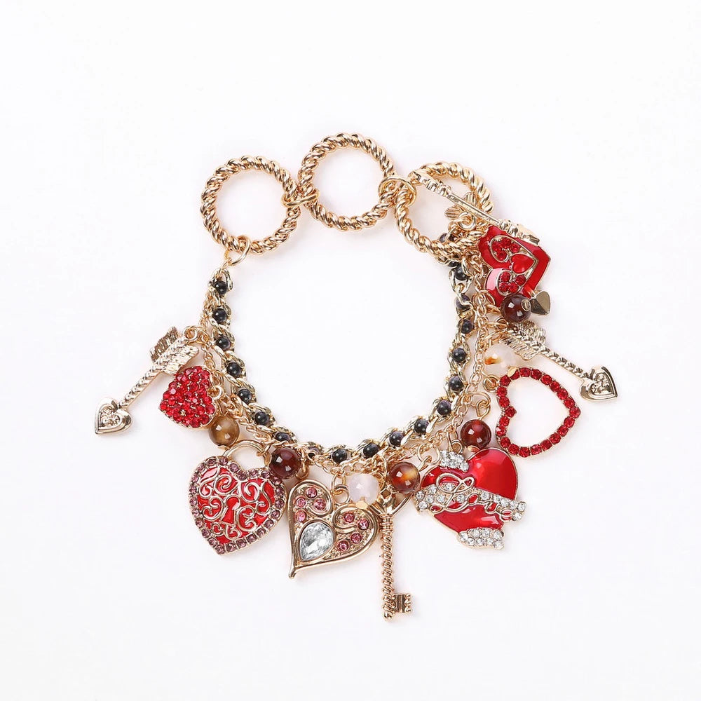 New Chrismas Bracelet Cute Red Love Heart Rhinestone Inlaid Magical Wand Arrow Of Love Beads Charms Bracelets Bangle Jewelry Gif