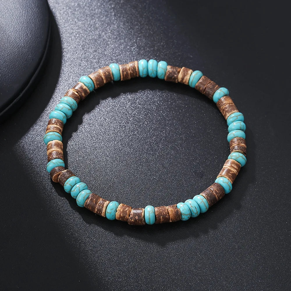 Coconut Wood Beaded Bracelet Eiastic Turquoise Stone Bead Bracelets for Men and Women Handmade Stacking Wooden Stretch Bracelets