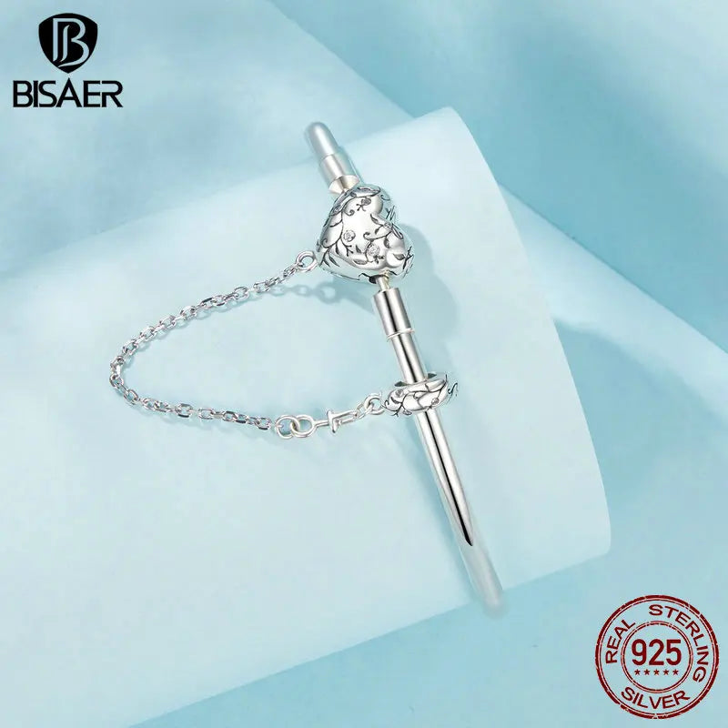 BISAER 925 Sterling Silver Heart Bracelet Dainty Starry Basic Bracelet Plated White Gold for Women DIY Charm Bead Fine Jewelry