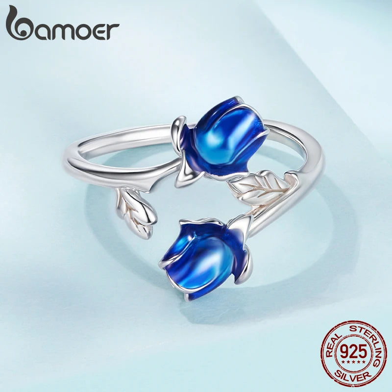 BAMOER 925 Sterling Silber Rosenring mit blauer Emaille, 3D-Blumenring für Damen und Mädchen, Verlobungsgeschenk, Liebesgeschenk, Glücksbringer