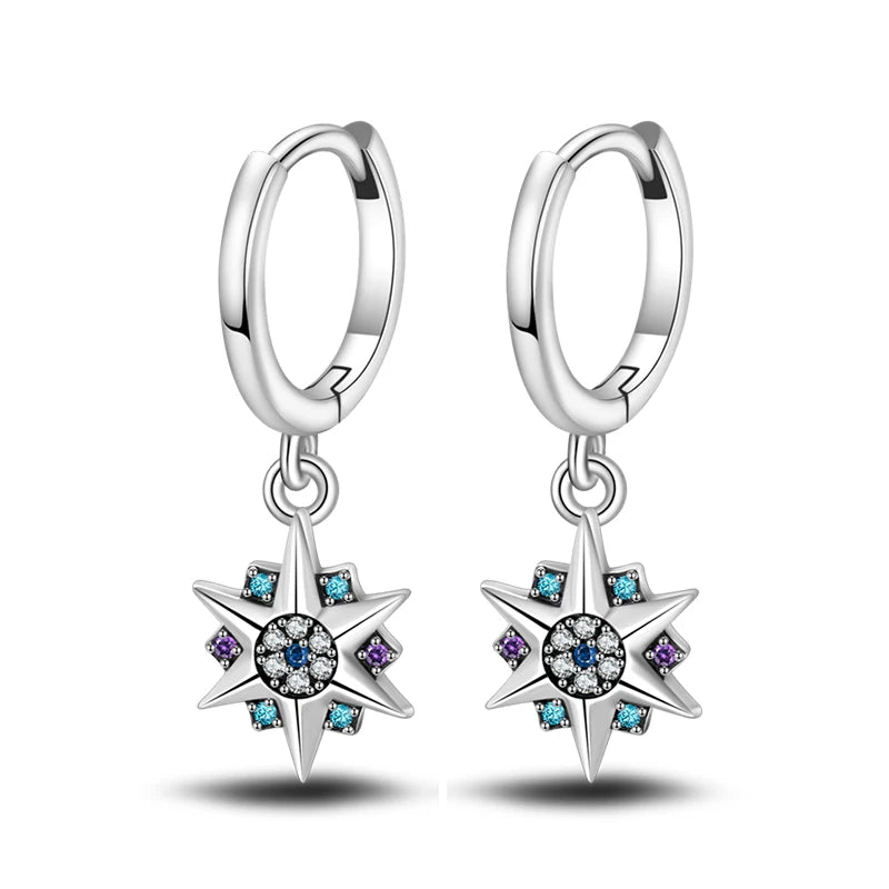 Classic Earrings 925 Silver Zircon Shiny Stars Moon Warm Sun Double Hoop Earrings For Women Original Birthday Party Jewelry Gift