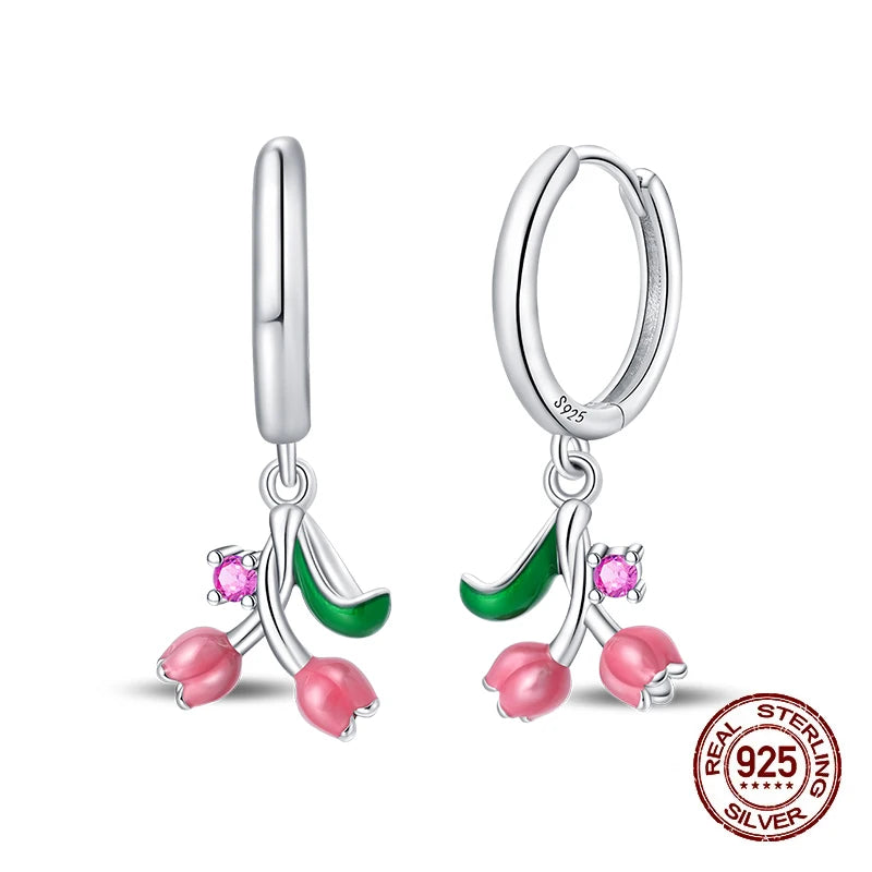 Springtime Earring For Women 925 Sterling Silver Bee Magritte Flower Butterfly Double Hoop Earrings Jewelry Fine New Year Gift