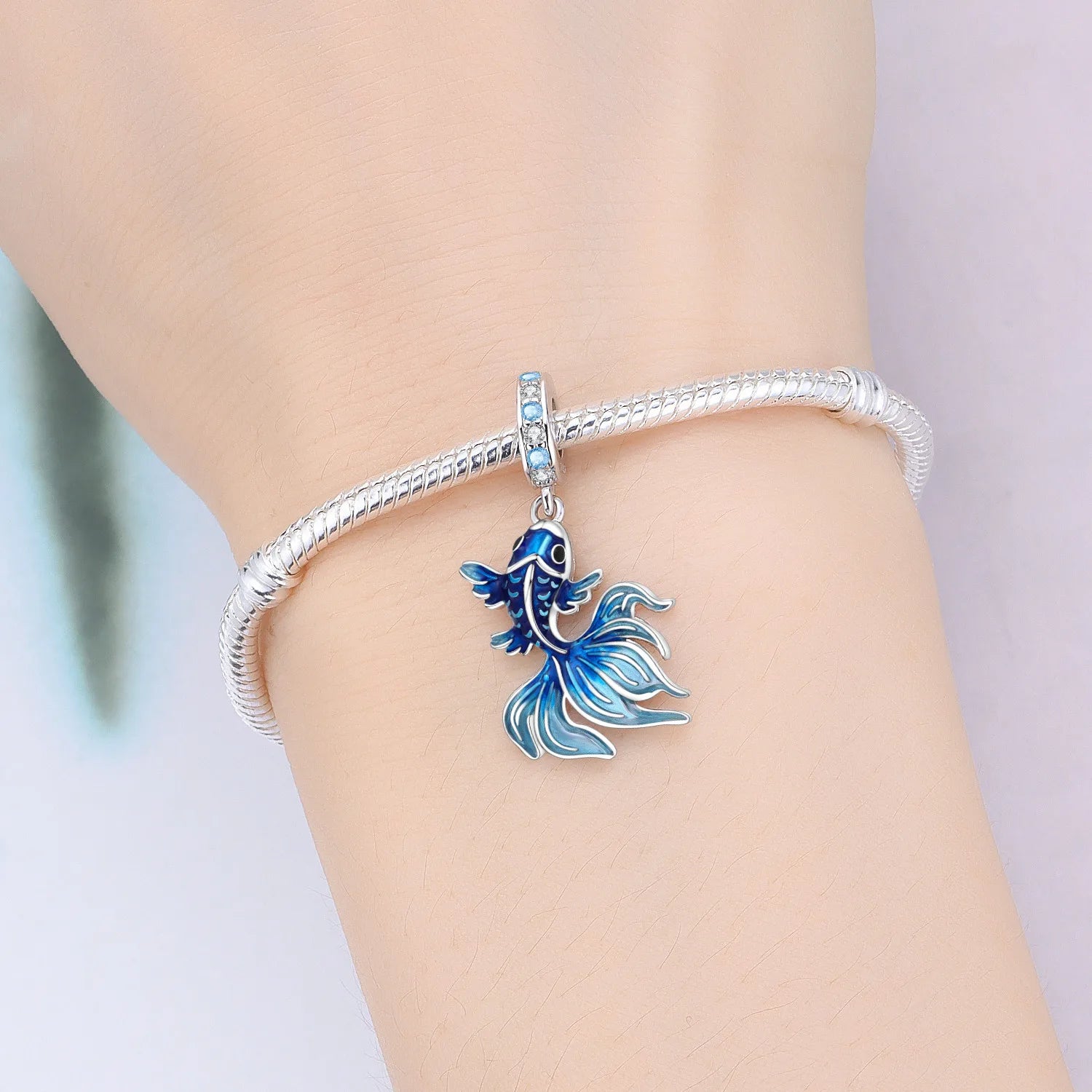 PANPOKI 925 Sterling Silver Blue Fish Lucky Symbol Beads Original Pendants Bracelet Charm Jewelry Party DIY Trendy Gifts