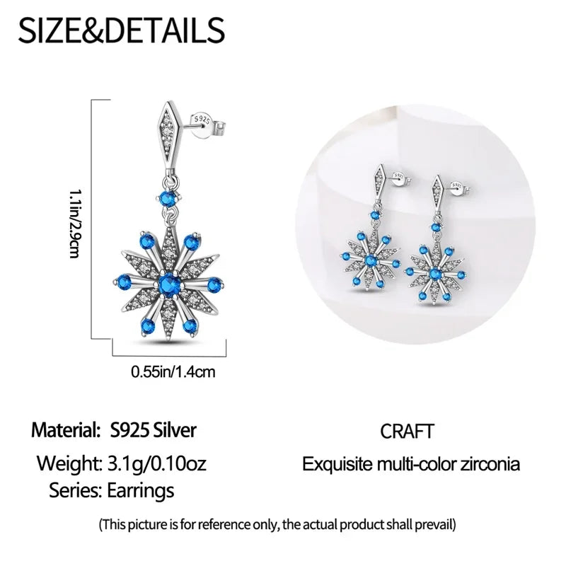 925 Sterling Silver Christmas Blue Snowflakes Tassel Diamond Earrings Red Bow for Women Creative Jewelry Christmas Themed Gifts