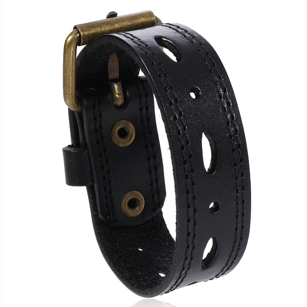 MKENDN Norse Viking Wide Cowhide Leather Punk Wristband Adjustable Cuff Bangles for Men Women Friendship Bracelets Gifts