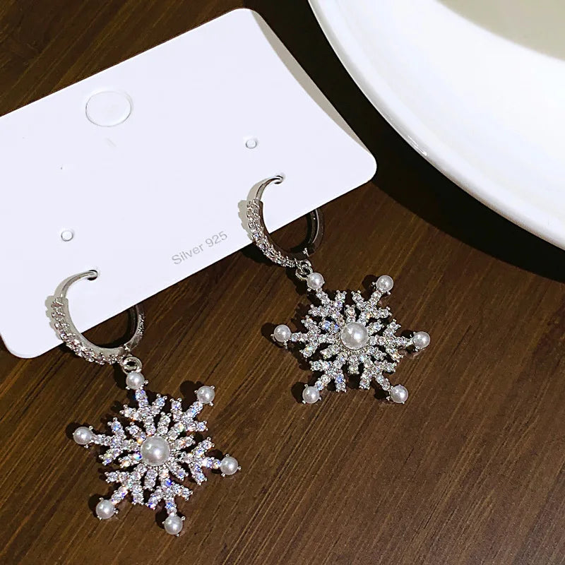 Sparking Snowflake Earrings For Women Shiny Zircon Imitation Pearl Firework Exquisite Earring Christmas New Year Party Jewelry