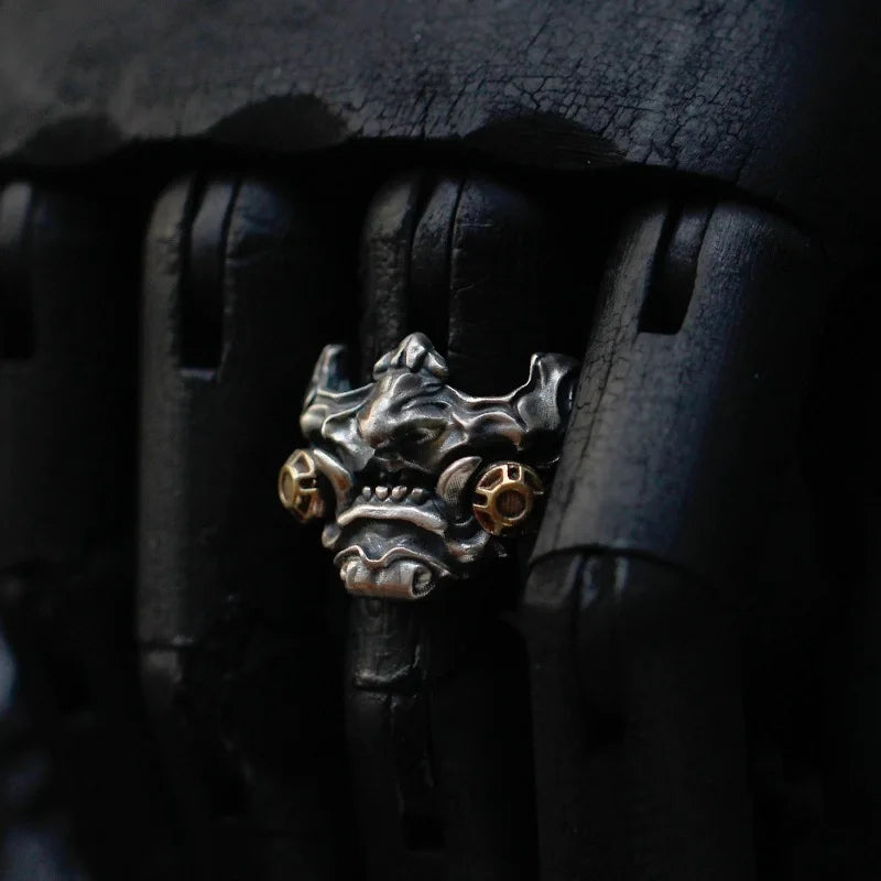 Retro Samurai Cyberpunk Mask Ring Punk Gothic Adjustable Open Ring For Men Copper Designer Jewelry Biker Accessories Unisex Gift