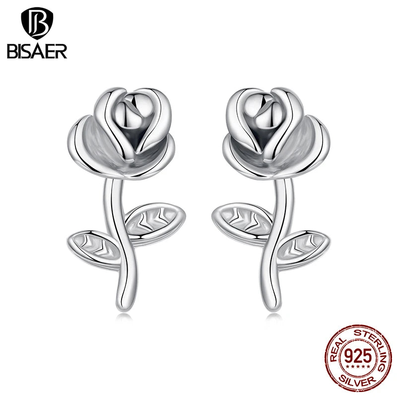 BISAER Autumn Flowers Stud Earrings 925 Sterling Silver Yellow Enamel Process Stud Ear for Women Party Fine Jewelry Gifts
