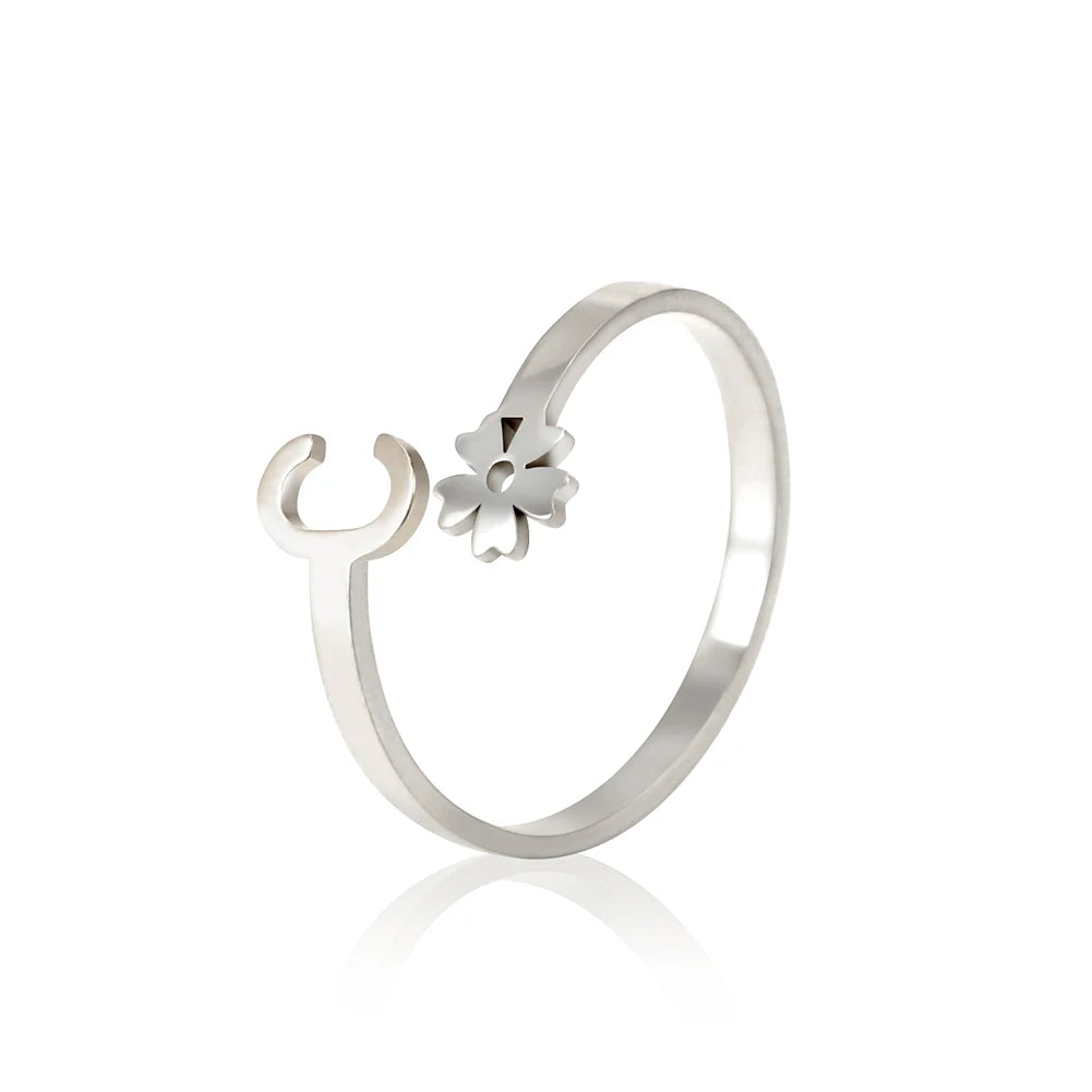 Stainless Steel Flower 26 Alphabet Open Ring for Women A-Z Initial Name Ring 2022 New Fashion Jewelry for Birthday Gift