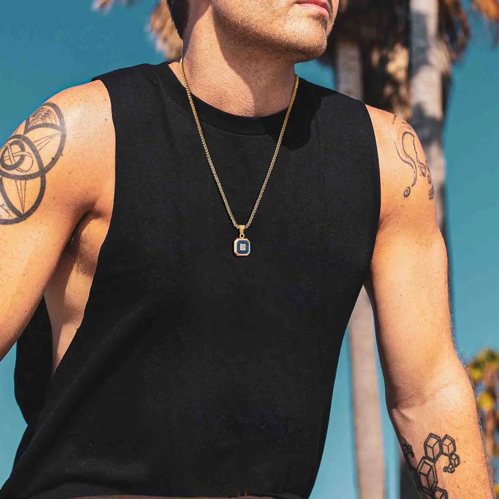 Vnox Mens Square Pendant Necklaces, Small Geometric Natural Stone Pendant with AAA CZ Stone, Simple Vintage Collar