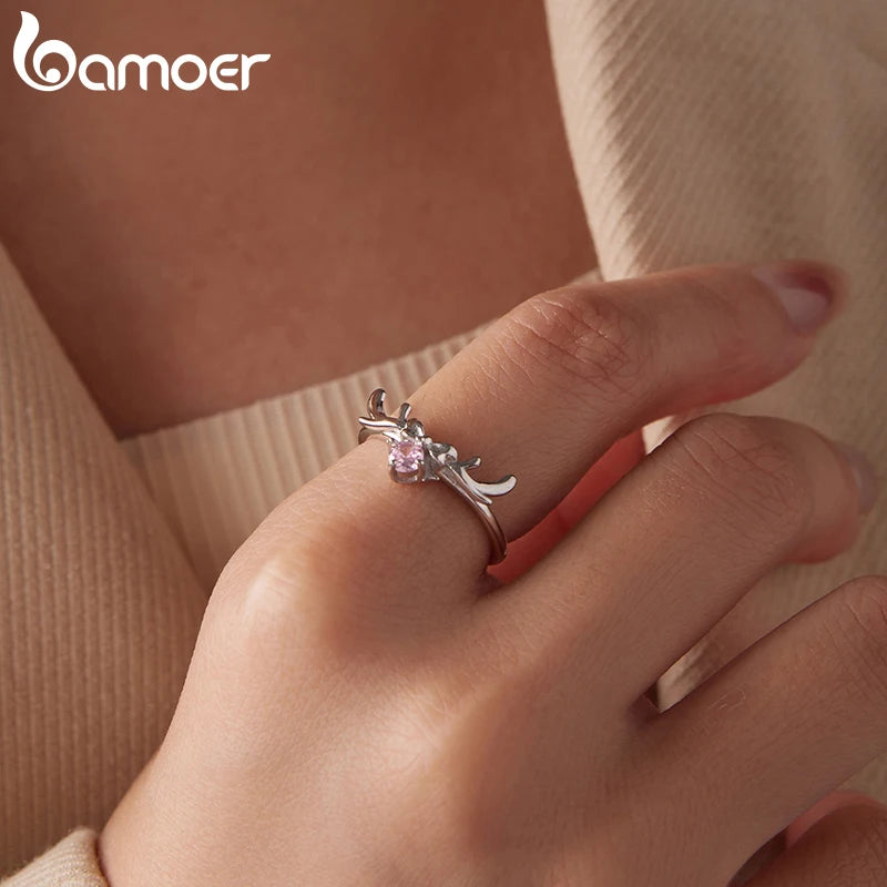 Bamoer 925 Sterling Silber Ring mit süßer Schleife und Rentier, verstellbarer, runder rosa Zirkonia-Ring für Damen und Teenager, wunderschönes Weihnachtsgeschenk