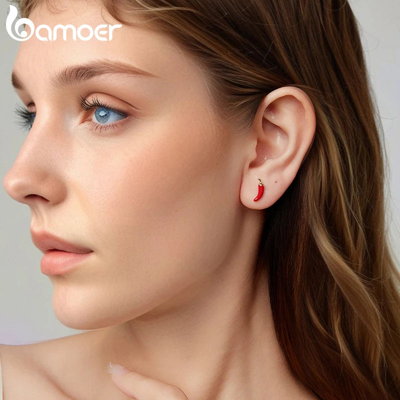BAMOER 925 Sterling Silver Red Enamel Colored Chili Pepper Cherry Stud Earrings for Women Gold Plated Cartilage Piercing Jewelry