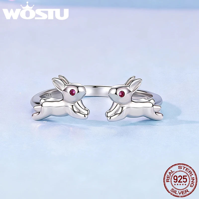 WOSTU Double 3D Rabbit Ring with Rose Red Eyes, Real 925 Sterling Silver Open Adjustable Animal Open Rings Cute Dainty Jewelry