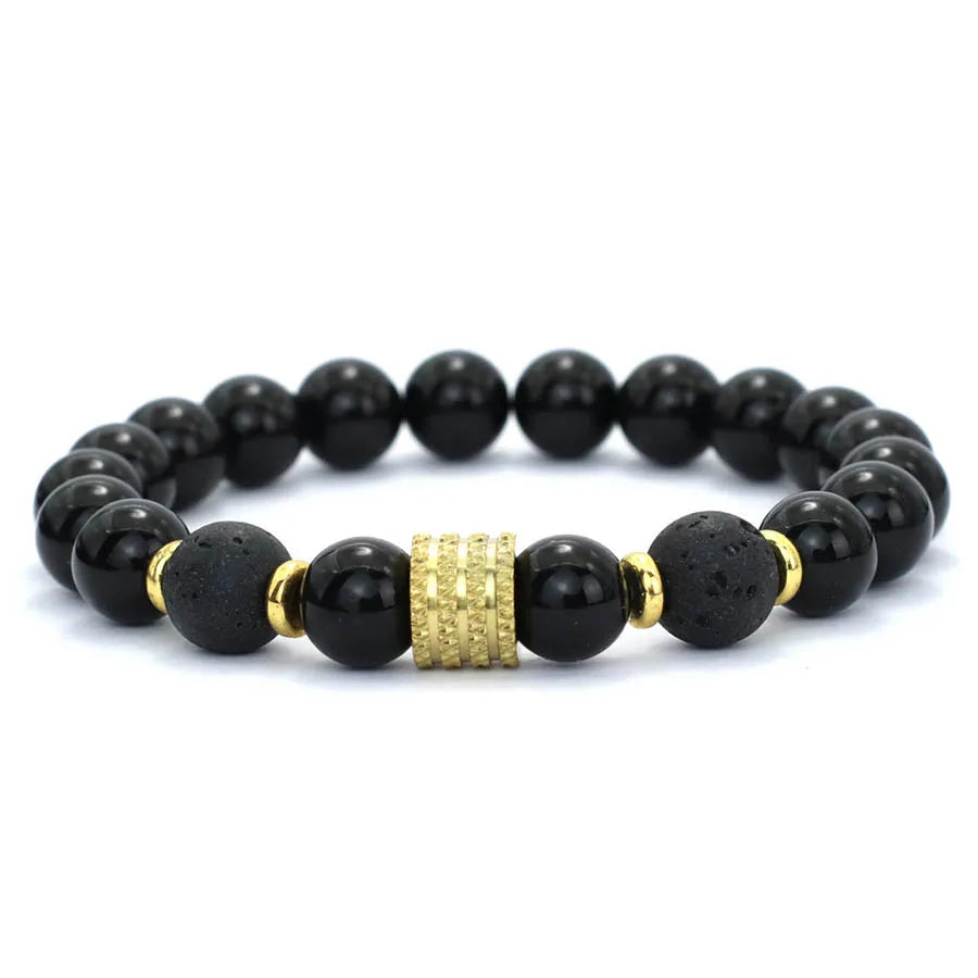 Stylish 10mm Obsidian Stone Energy Bracelet For Men Gold Color Stainless Steel Charm Strand Braslet Hematite Healing Braclet