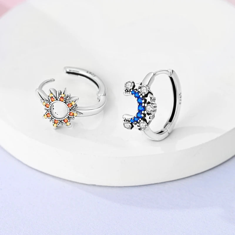 Classic Earrings 925 Silver Zircon Shiny Stars Moon Warm Sun Double Hoop Earrings For Women Original Birthday Party Jewelry Gift