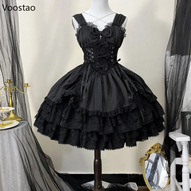 Vintage Gothic Lolita Dress Women Victorian Punk Slim Bandage Princess Party Dresses Girls Cute Metal Cross Bow Evening Dress