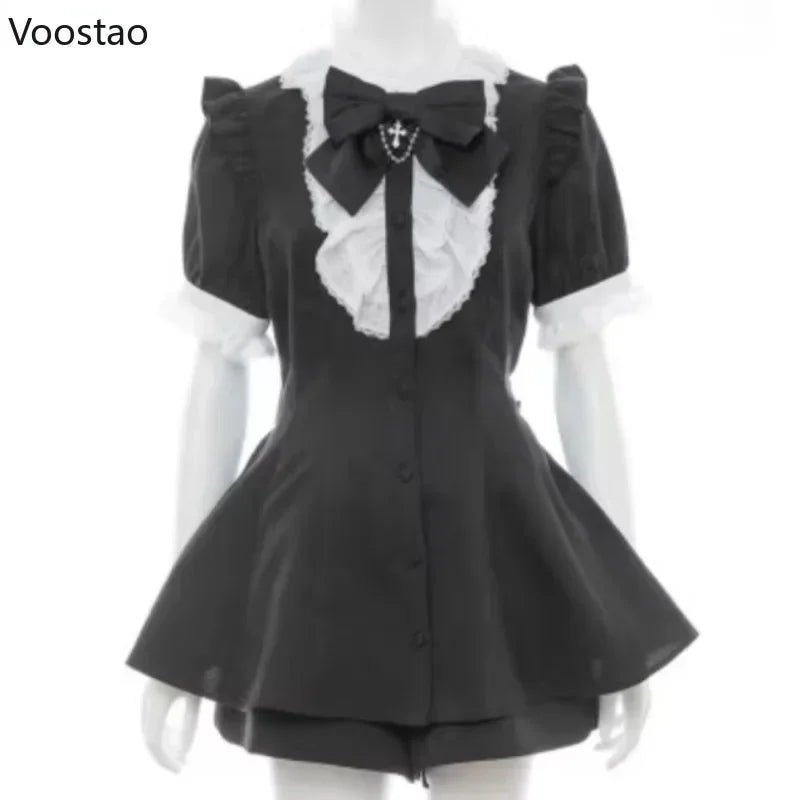 Vintage Lolita Plaid Bow Dress Shorts Set Women Gothic Cross Lace Ruffles Shirt Party Dress 2 Piece Sets Japanese Y2k Outfits