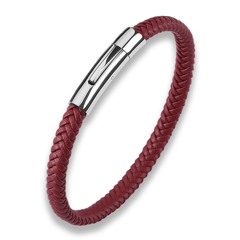 MKENDN Classic Men Women Stainless Steel Bracelet Wine Red Leather Braided Rope Male High Quality Black Button Jewelry Gifts - Madeinsea©