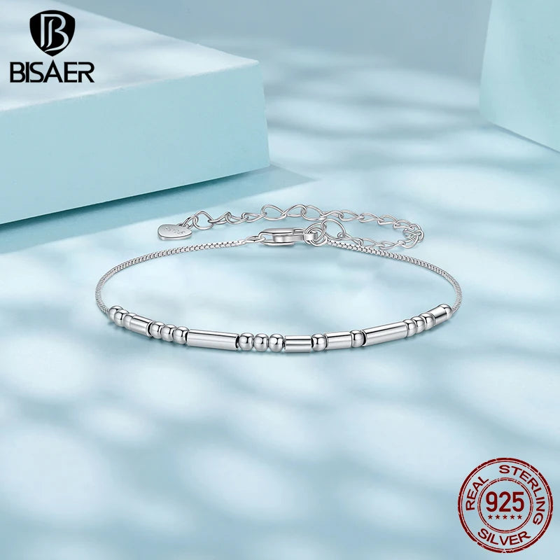 BISAER 925 Sterling Silver I Love You Morse Code Bracelet Trendy Thin Dainty Stackable Link Chain for Women Party Fine Jewelry