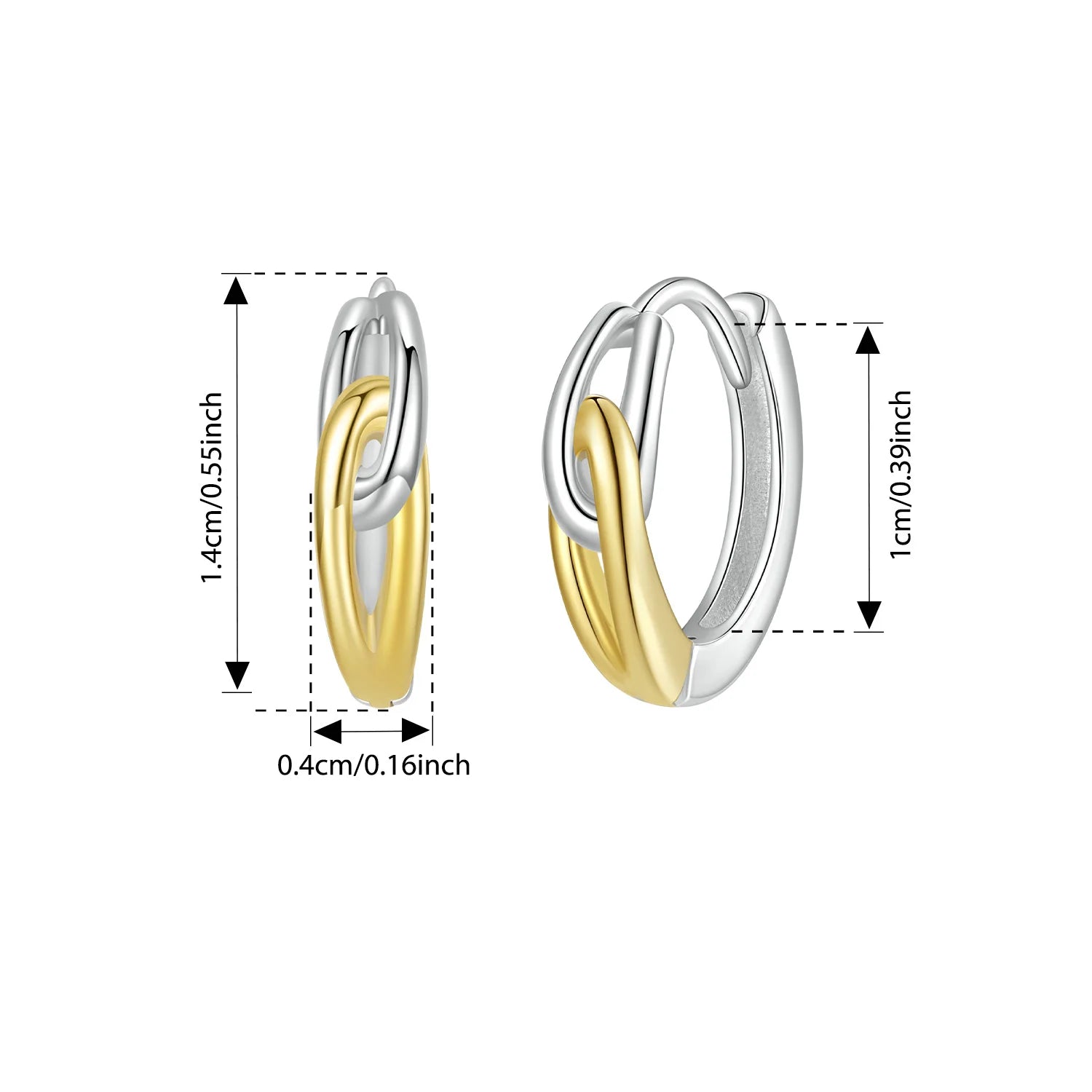 BISAER 925 Sterling Silver Double Ring Hoop Earrings Two-tones Huggie Earrings Plated 14K Gold For OL Women Party Fine Jewelry