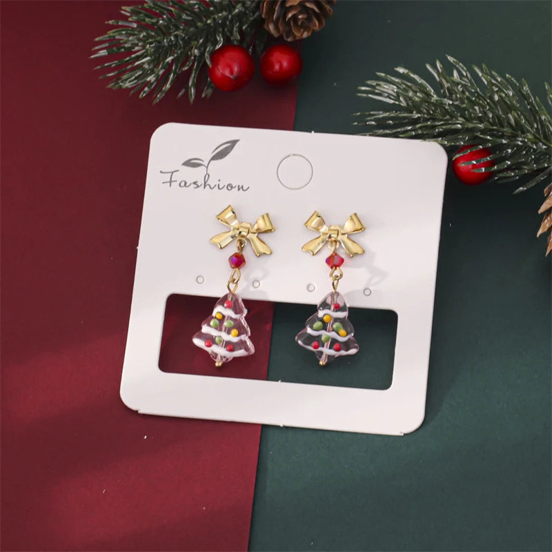 Light Luxury Colored Glass Christmas Tree Earrings For Women Unique Design Exquisite Bowknot Red Beads Earring New Year Jewelry