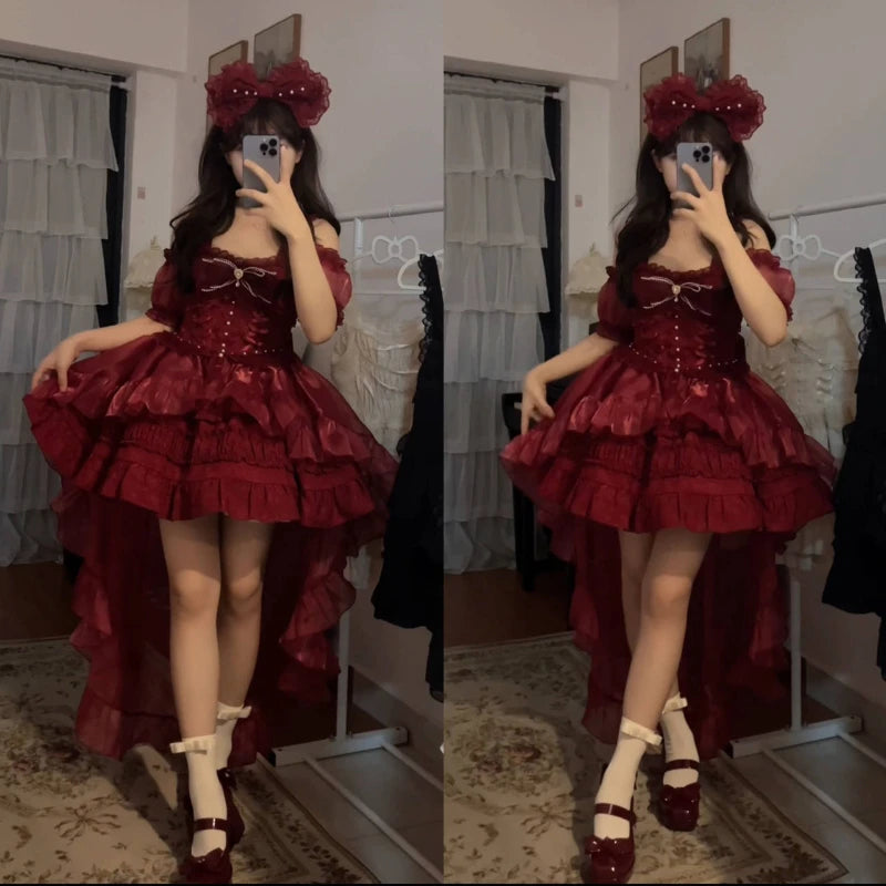 Japanese Kawaii Lolita Jsk Dress Women Sweet Cute Bow Flower Wedding Party Mini Dresses Gothic Y2k Sleeveless Princess Dresses