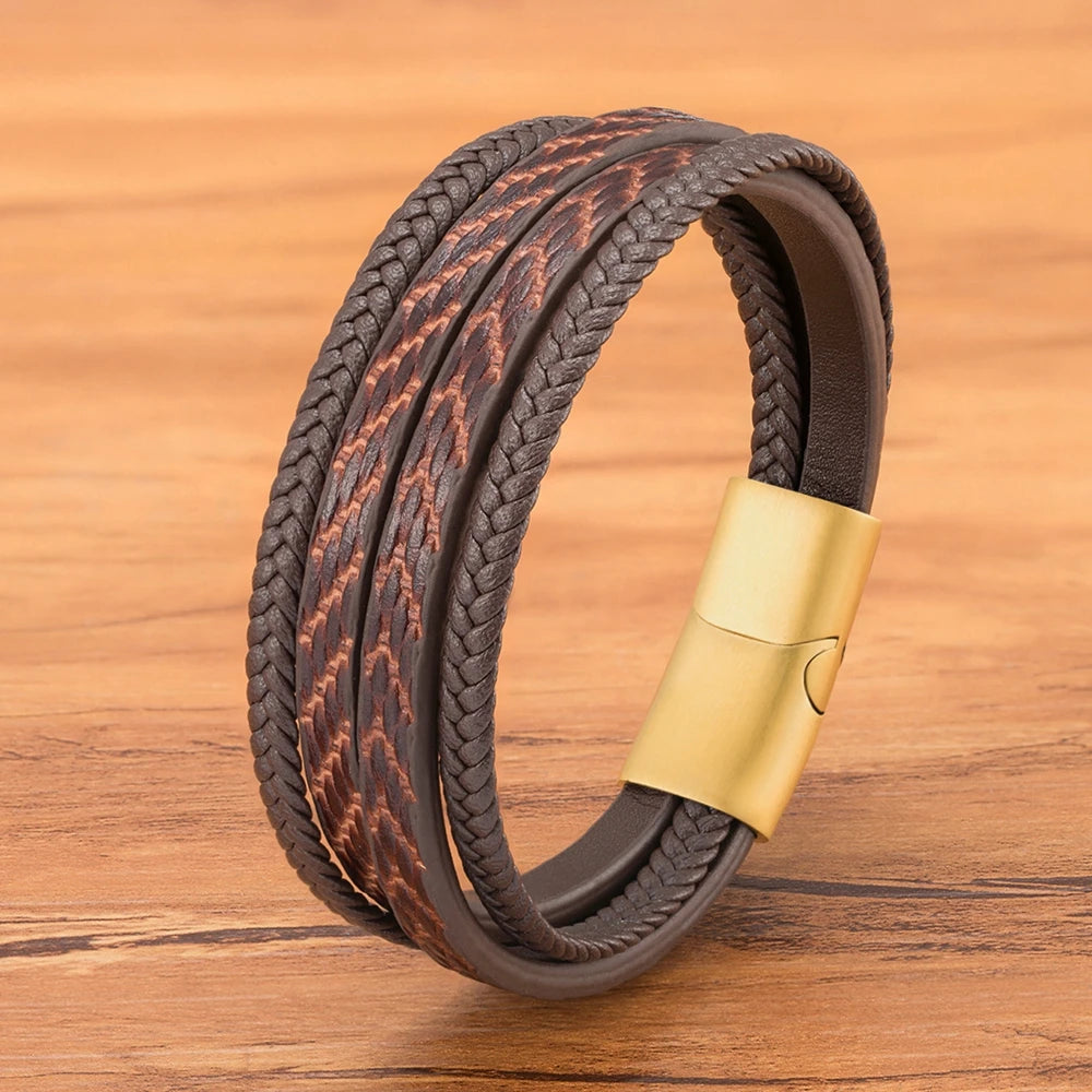 TYO Stylish Feather Pattern Design Multilayer Braid Leather Mens Bracelet Stainless Steel Magnetic Clasp Bangles Jewelry Gift