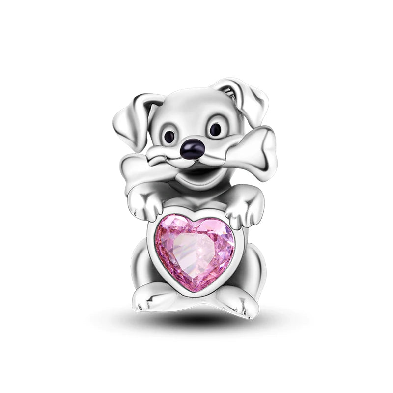 New 925 Silver Pink Rabbit Bear Cat Dog Animal Charms Beads Fit 3mm 925 Original Bracelets Fine DIY Birthday Jewelry