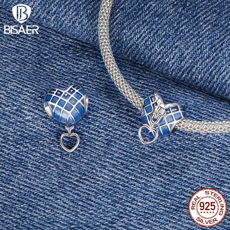 BISAER 925 Sterling Silver Bee Button Charm Bead Tailor Set Heart Zipper Denim Pendentif Fit Femme DIY Bracelet Fine Jewelry Gift