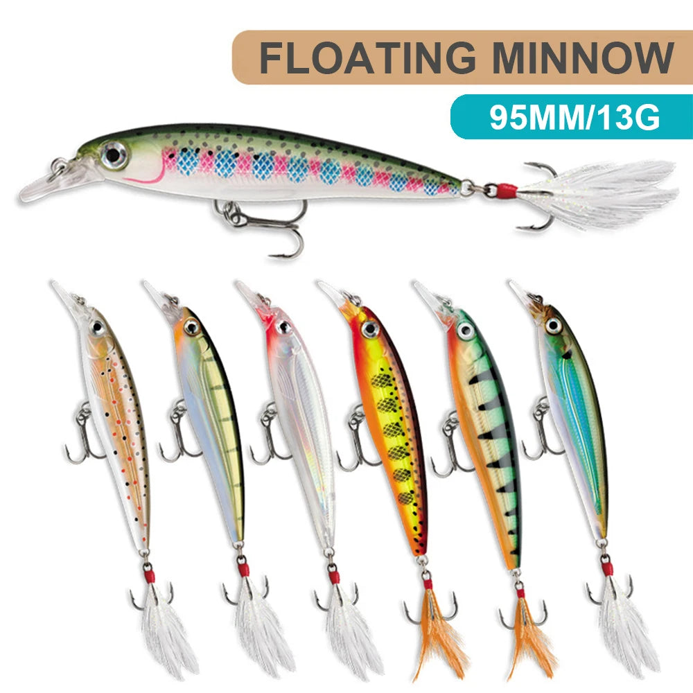 9.5cm 13g Fishing Lure Minnow Wobbler Floating Laser Artificial Hard Bait Feather Built-in Steel Ball Jerkbait Trout Bass Decoy