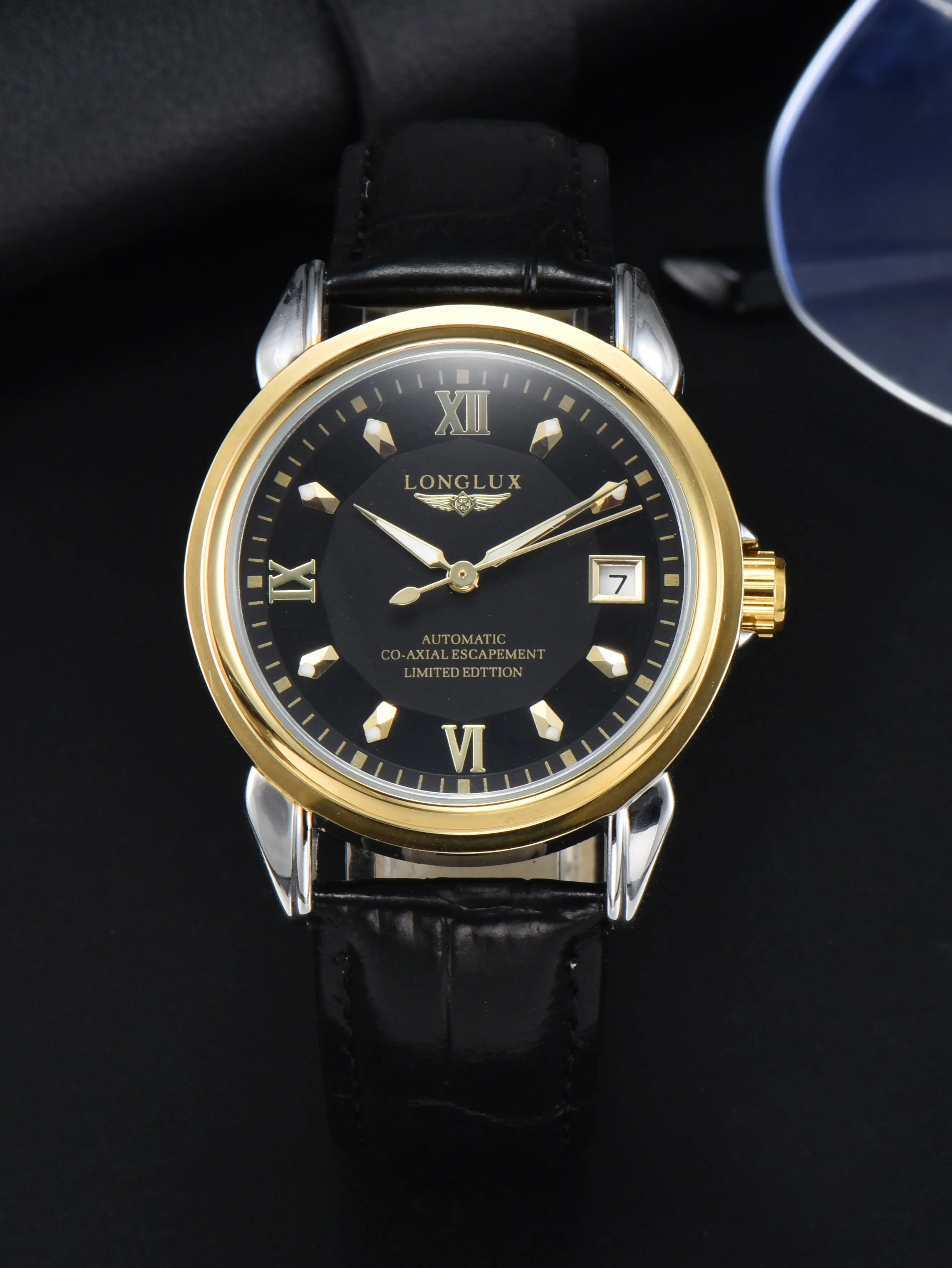 LONGLUX automatic man watch business leisure dating mechanical wristwatches day date waterproof leather  mens watch men gift