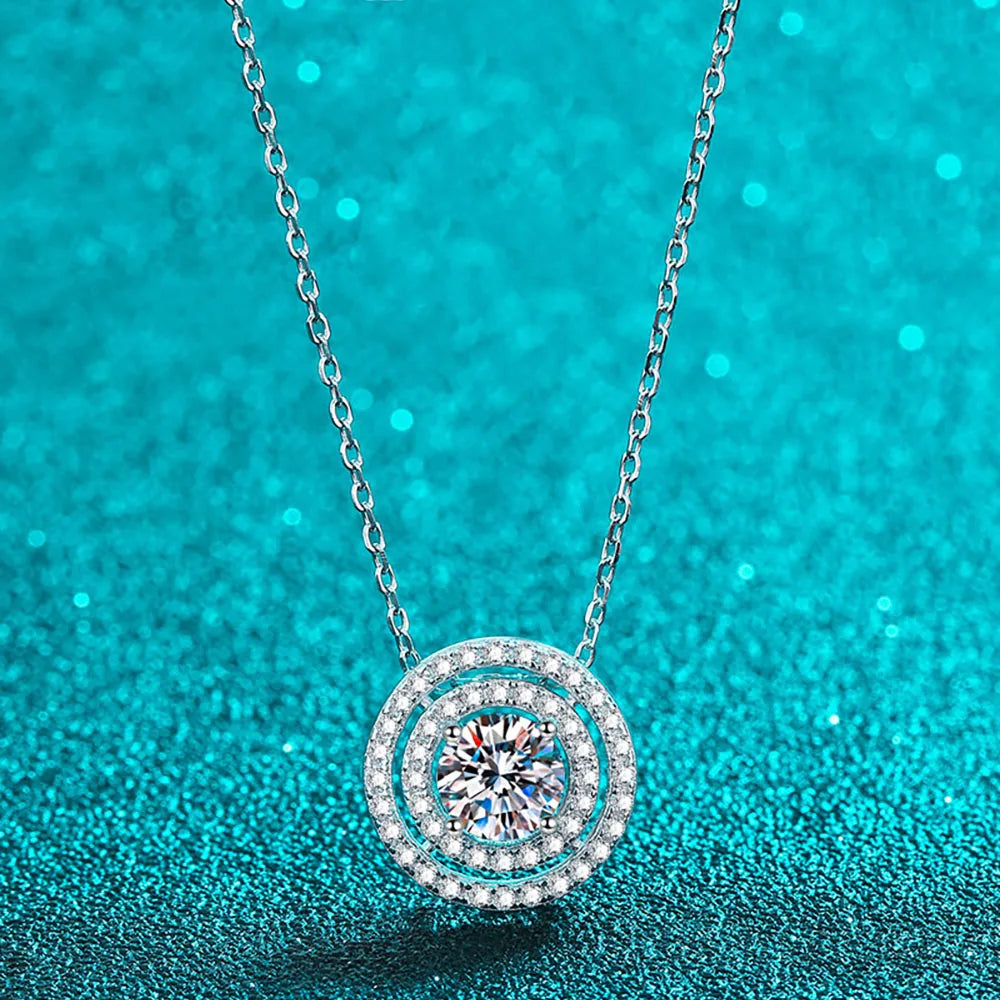 Serenity 0.5ct 1ct 2ct D Color Moissanite Pendant Necklace For Women 100% S925 Sterling Silver Double Circle Round Neck Chain
