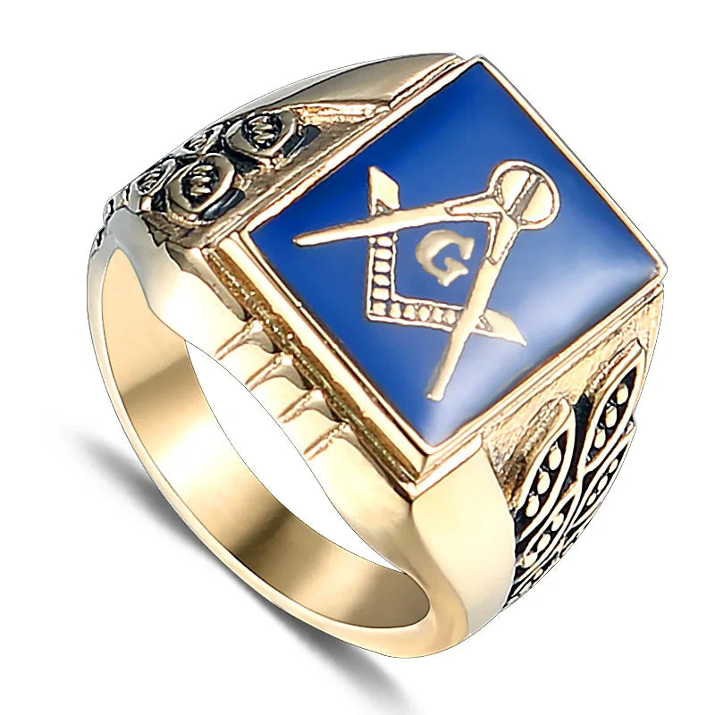 Classic Blue Masonic Ring Stainless Steel Freemasonry Compass Mens Jewelry