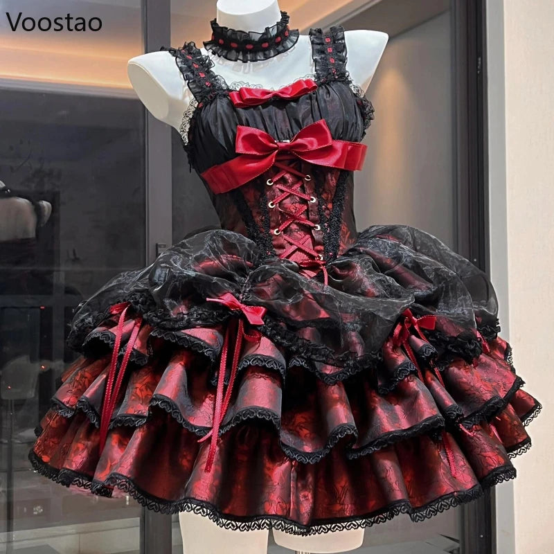 Japanese Gothic Lolita Jsk Dress Women Harajuku Y2k Bow Lace Ruffles Evening Party Mini Dresses Punk Kawaii Black Red Vestidos