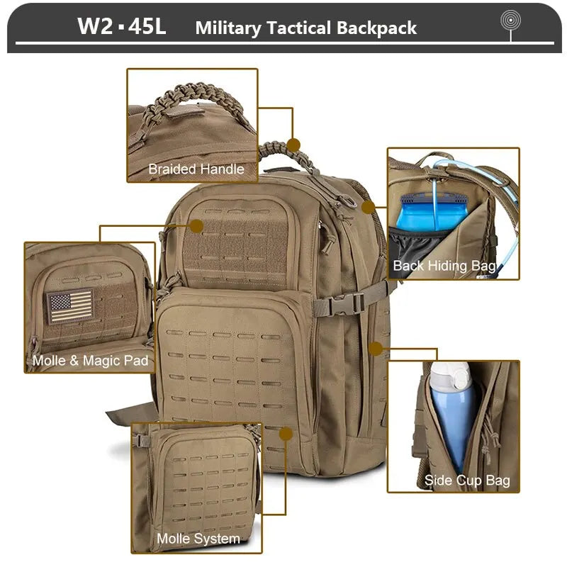 Tactical Backpack 3 Day Assault Pack Molle Bag 38/45L Large Outdoor Waterproof Hiking Camping Travel 600D Rucksack Men Fishing - Madeinsea©