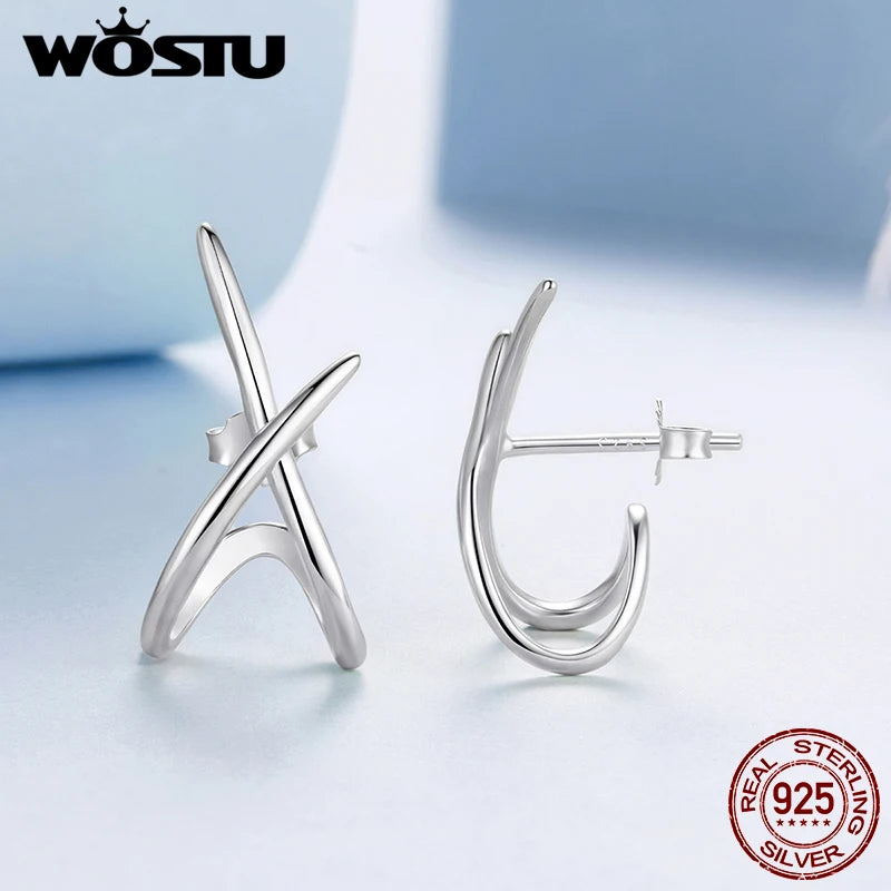 WOSTU 925 Sterling Silver Simple X Shape Earrings Line Ears Stud Plated Gold Original for Women Birthday Fine Jewelry New Gift