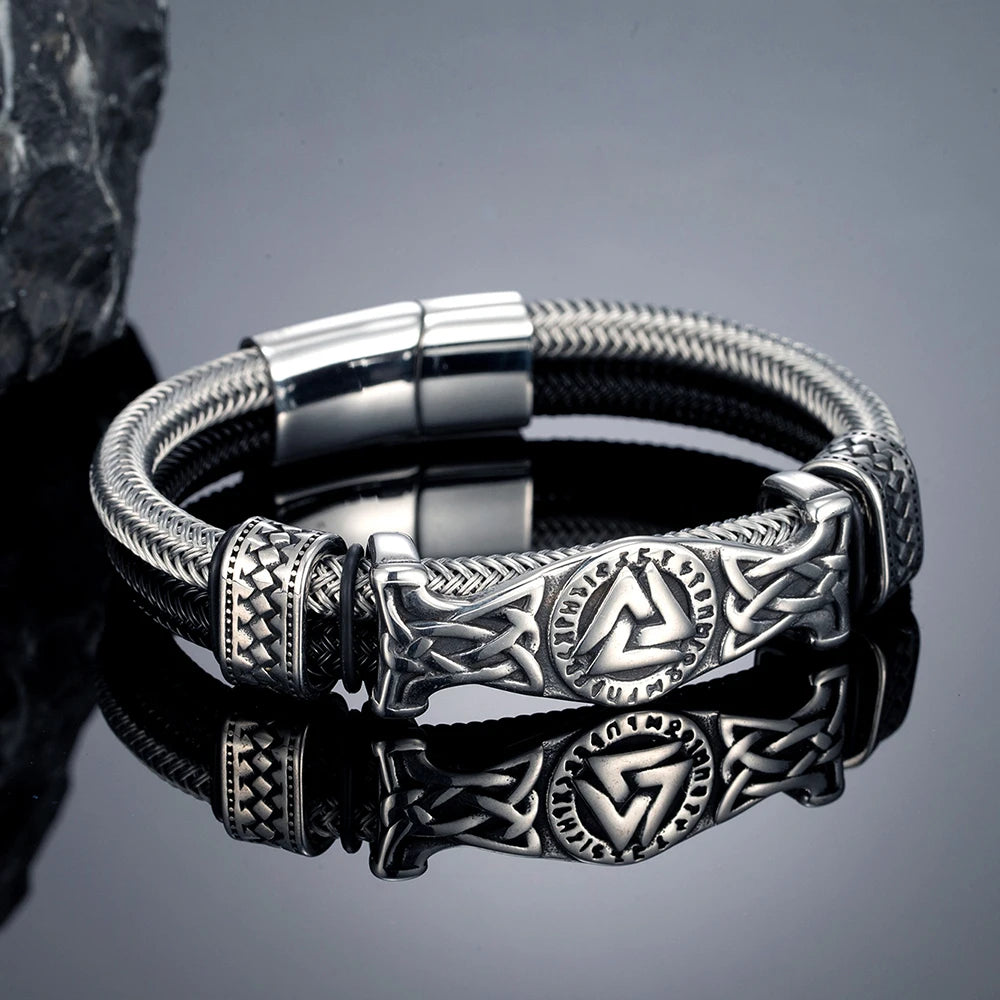 MKENDN Viking Style Stainless Steel Non-fading Steel Wire Rope Bracelets for Men Triangle Amulet Wrap Cuff Wirstband Bracelets
