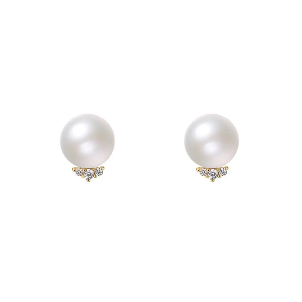 999 Sterling Silver Inlay Zircon Natural Pearl Stud Earrings for Women French Light Luxury Party Jewelry