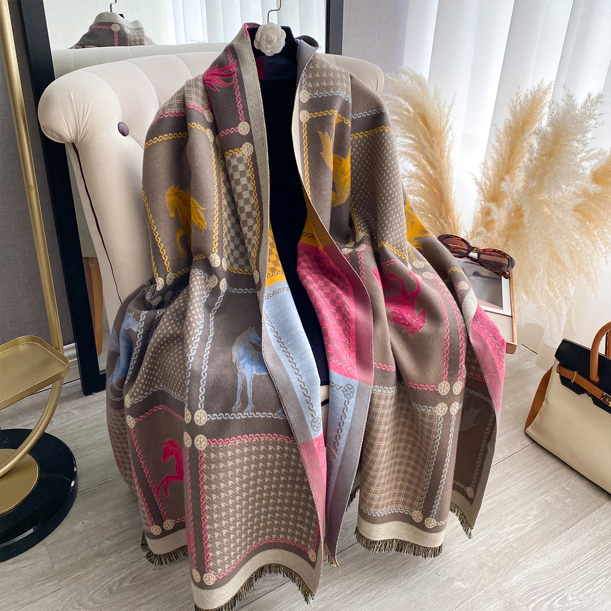 New Women Imitation Cashmere Two Sided Horse Print Scarf Soft Warm Pashmina Shawl Autumn Winter Coldproof Windproof Blanket