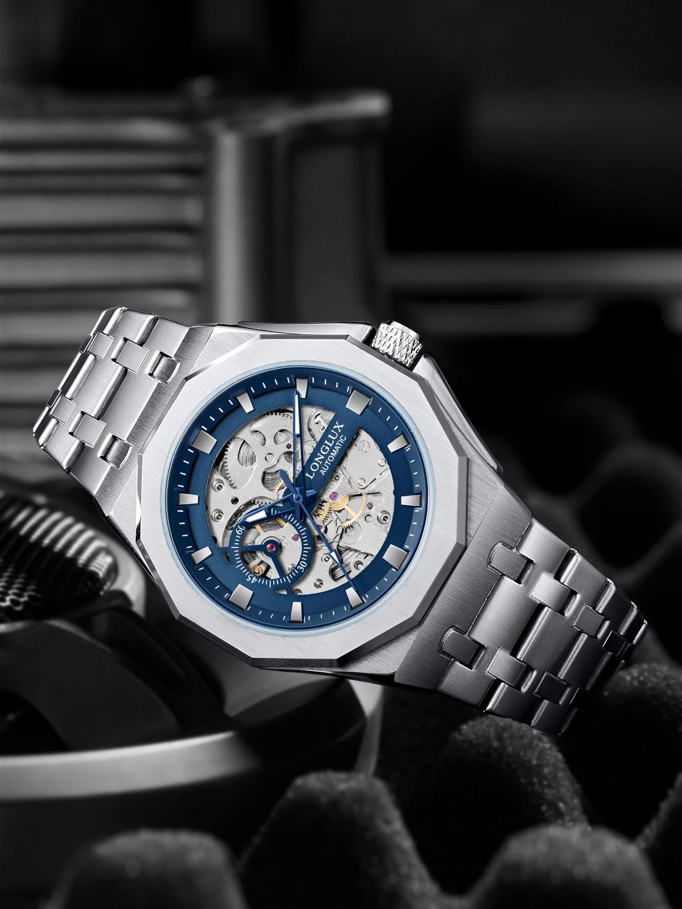 LONGLUX Men automatic watch luxury mechanical watches waterproof skeleton fashion business wholesale stainless steel gift watch