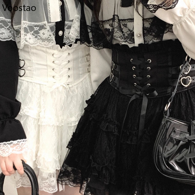 Japanese Sweet Lolita Style Mini Skirt Women Elegant Lace Bandage Party Cake Skirts Female Gothic Y2k Metal Buckle Short Skirt
