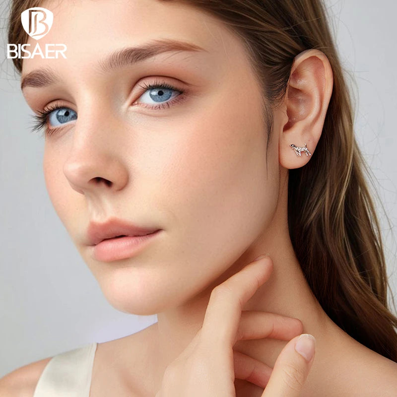 BISAER 925 Sterling Silver Golden Retriever Stud Earrings Pet Dog Earrings Pavé Setting Zircon Plated White Gold Women Jewelry