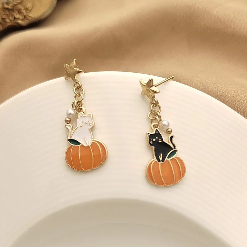 Cute Cartoon Cat Pumpkin Earrings For Women Funny Black White Kitten Fishbone Bowknot Dangle Earring Girls Christmas Party Gifts