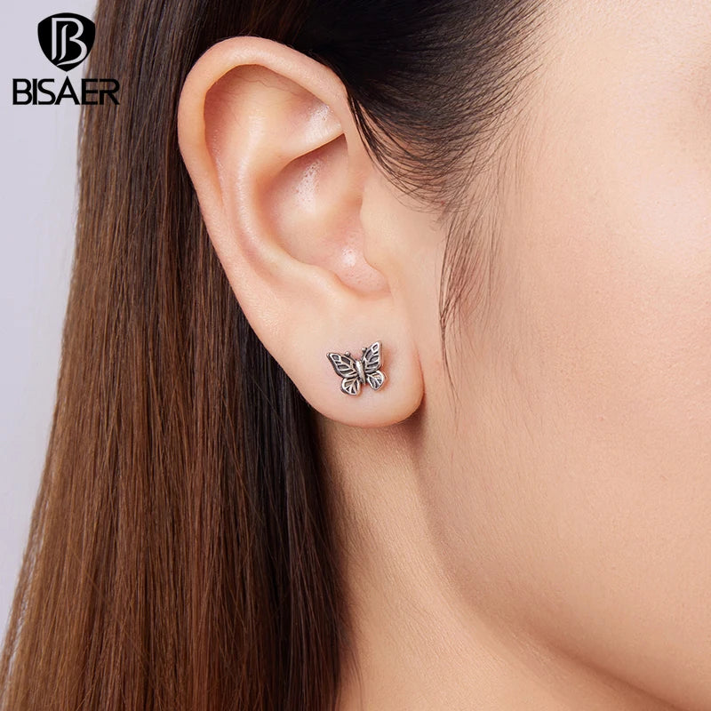 BISAER 925 Sterling Silver Hollow Butterfly Stud Earrings Retro Butterfly Hypoallergenic Stud Ear for Women Party Fine Jewelry