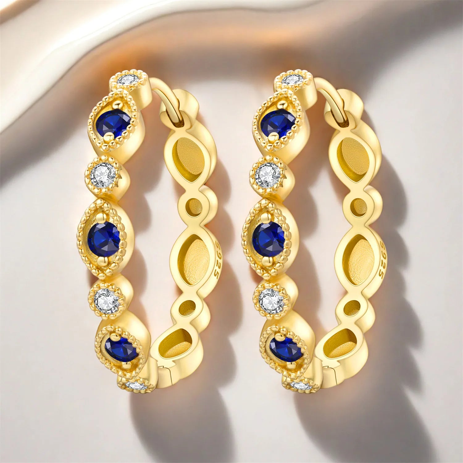 PANPOKI S925 Sterling Silver French Blue Zircon Gold Earrings Hoop Earrings For Women Jewelry Original Party Trendy Gifts