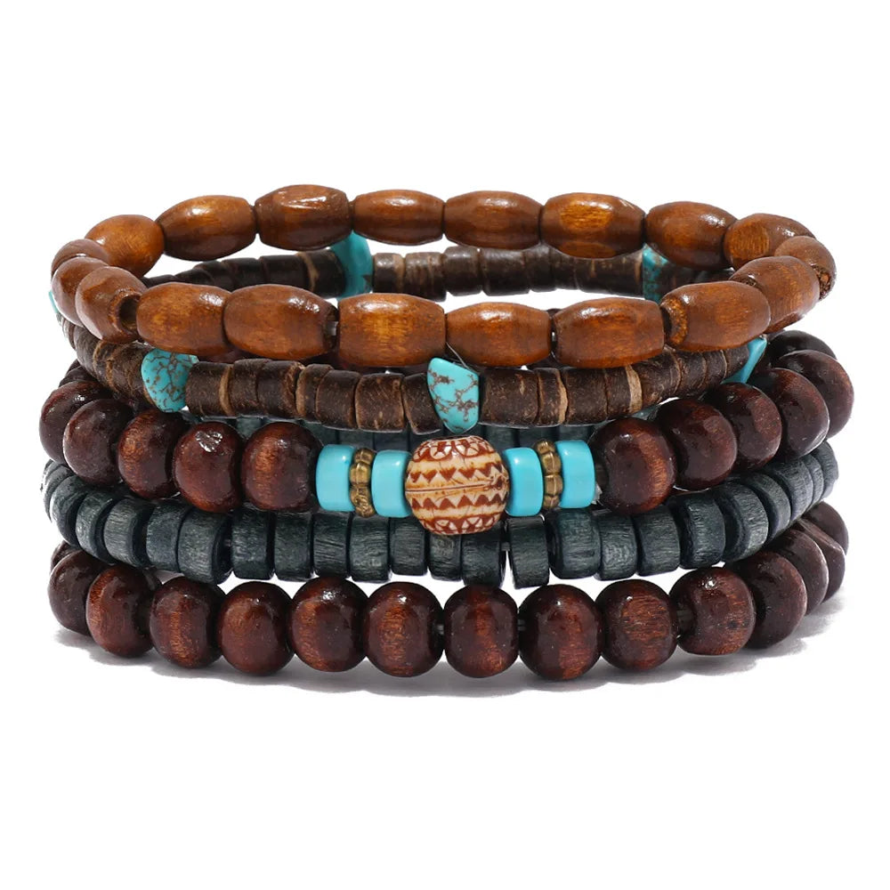 Lot de 4 à 5 bracelets ethniques en perles de bois avec breloques en forme d'arbre et de cactus, main de Fatima, papillon, style bohème, pour hommes et femmes, bijoux féminins
