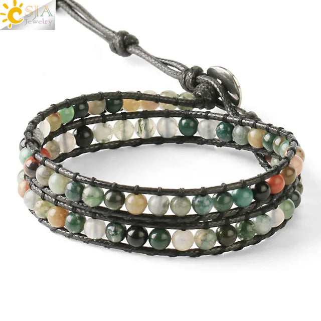 CSJA Turquoise Man Bracelet Bohemian Handmade Braides Bangle Indian Agate Crystal Beaded Double Layer Bracelets Women Homme S625