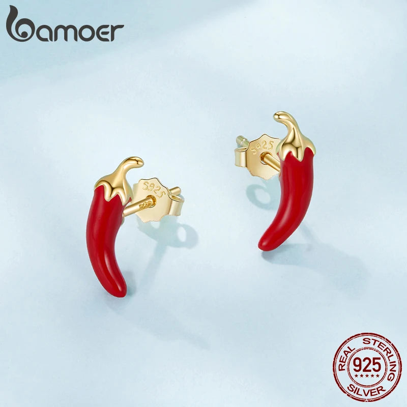 BAMOER 925 Sterling Silver Red Enamel Colored Chili Pepper Cherry Stud Earrings for Women Gold Plated Cartilage Piercing Jewelry
