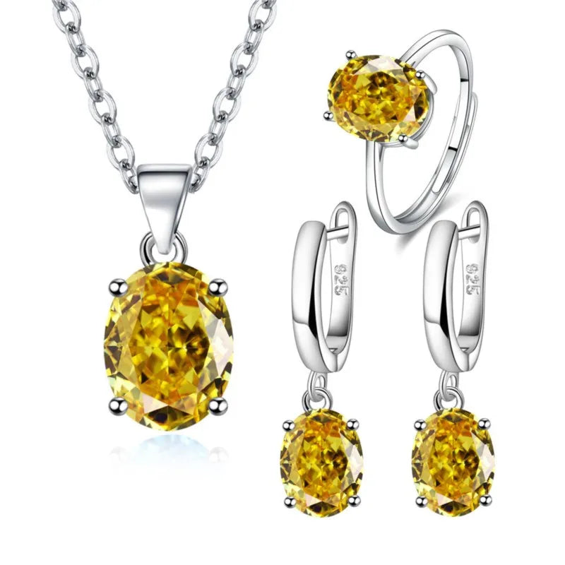Natural Amethyst Citrine Garnet Peridot Blue Topaz 925 Sterling Silver Ring Earring Pendant Necklace Jewelry Set