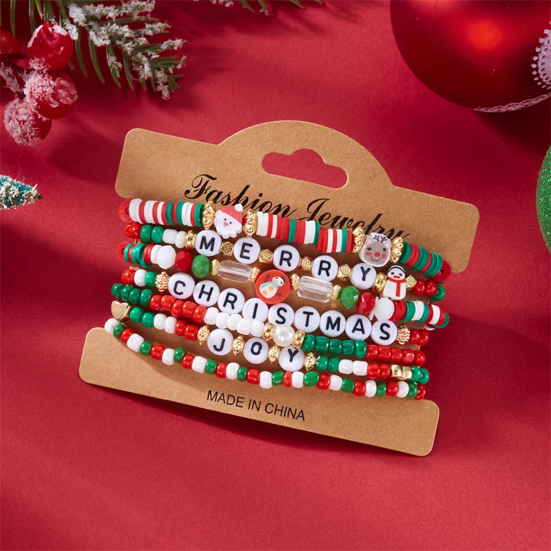 Multilayer Christmas Rice Beads Beaded Bracelet Set For Women Santa Claus Xmas Tree Crystal Polymer Clay Beads Bracelets Jewelry